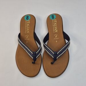 Italian Shoemakers Sandals Womens Size 8 Navy Gold Beads Vacation Summer Flips